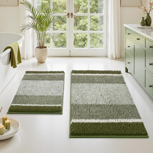 HOMEIDEAS Sage Green Bathroom Rugs Set, Striped Chenille, 20"x32"+17"x24" | Non Slip Absorbent Bath Mats, Fluffy Striped Chenille Soft Shaggy Bath Rugs for Bathroom Floor and Tub, Machine Washable