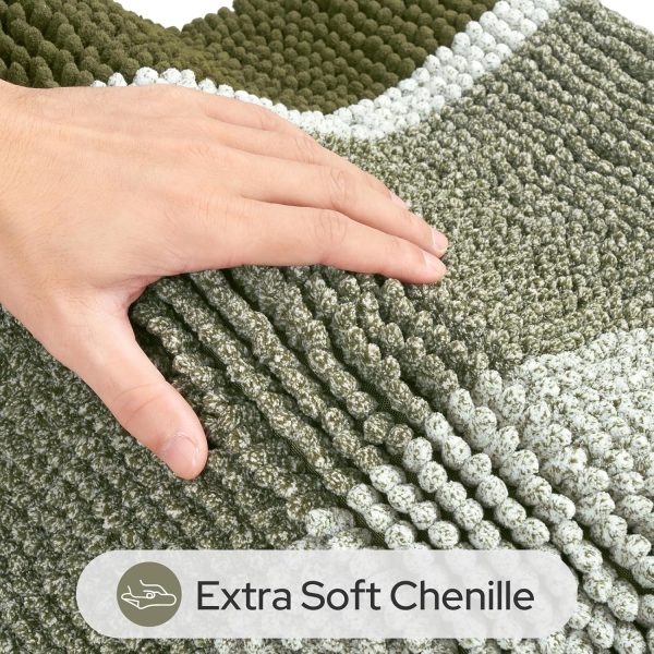WFOOOO714YRM_2 HOMEIDEAS Sage Green Bathroom Rugs Set, Striped Chenille, 20"x32"+17"x24" | Non Slip Absorbent Bath Mats, Fluffy Striped Chenille Soft Shaggy Bath Rugs for Bathroom Floor and Tub, Machine Washable