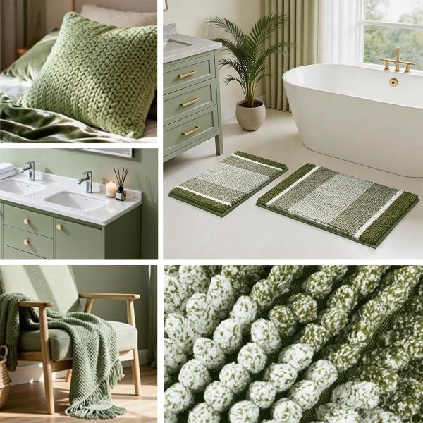 WFOOOO714YRM_3 HOMEIDEAS Sage Green Bathroom Rugs Set, Striped Chenille, 20"x32"+17"x24" | Non Slip Absorbent Bath Mats, Fluffy Striped Chenille Soft Shaggy Bath Rugs for Bathroom Floor and Tub, Machine Washable