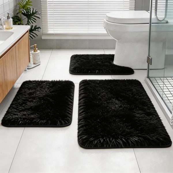 WFOOOO740YRM_1 Bathroom Rugs Set Plush Velvet Bath Rugs Non-Slip Shaggy Bath Mat Set 3 Piece,Washable Mats,Absorbent Shaggy Rugs Super Soft U-Shaped Toilet Rug,Bahroom Carpets for Bathroom,Tub,Shower Black