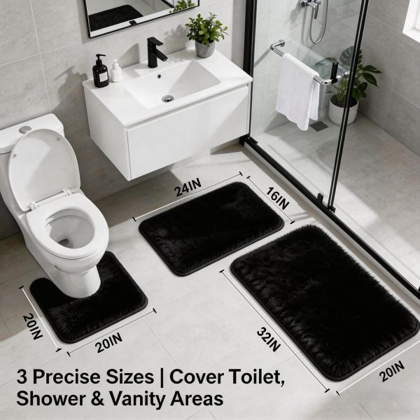 WFOOOO740YRM_2 Bathroom Rugs Set Plush Velvet Bath Rugs Non-Slip Shaggy Bath Mat Set 3 Piece,Washable Mats,Absorbent Shaggy Rugs Super Soft U-Shaped Toilet Rug,Bahroom Carpets for Bathroom,Tub,Shower Black