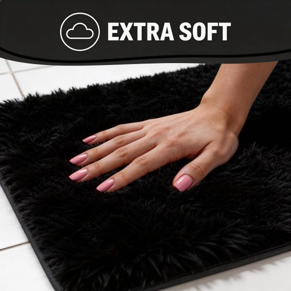 WFOOOO740YRM_3 Bathroom Rugs Set Plush Velvet Bath Rugs Non-Slip Shaggy Bath Mat Set 3 Piece,Washable Mats,Absorbent Shaggy Rugs Super Soft U-Shaped Toilet Rug,Bahroom Carpets for Bathroom,Tub,Shower Black