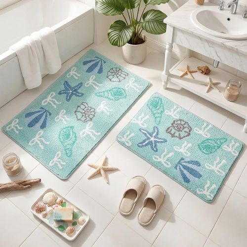 Dunzy Coastal Bathroom Rugs Set of 2 Beachy Bathroom Rugs, Plush Flocked Absorbent Floor Mats with Sea Shell Starfish Design, Machine Washable Teal Decor for Guest and Master Bath
