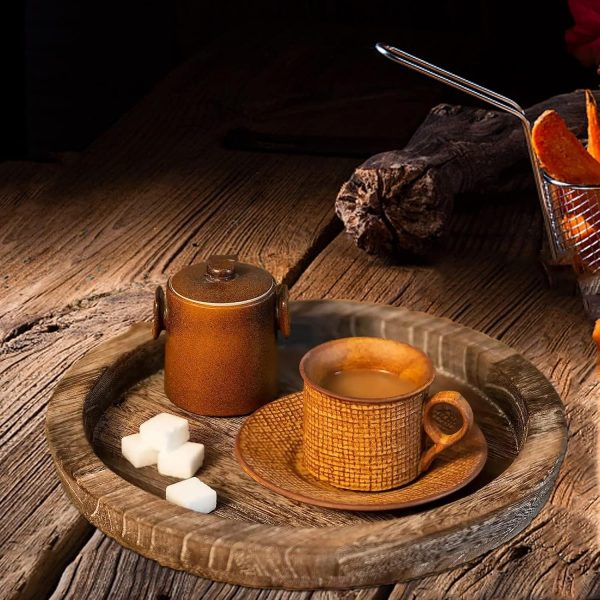 WFOOOO803YRM_3 Rustic Wooden Serving Tray - Candle Holder Tray Home Decor, Small Wooden Serving Tray, Round Wood Tray for Coffee Table, Decorative Tray, Centerpiece Table Decorations for Home Decor (8.07 in), Retro
