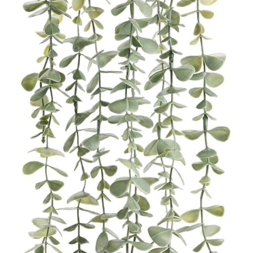 Der Rose 24" Fake Hanging Eucalyptus Plant for Bathroom Wall Art Decor | Layered sage-green leaves and a matte black pot bring natural depth to mantels, high shelves, boho farmhouse rooms decor