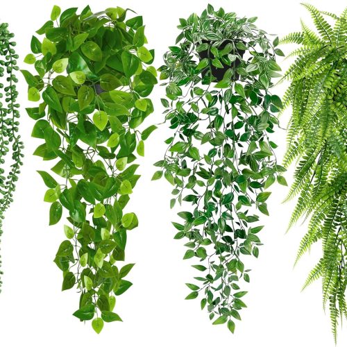 Palonu Artificial Hanging Plants for Shelf, 4 Pack Fake Potted Greenery Plant Faux Mandala Vine, String of Pearls, Ivy Vine,Persian Grass Fern in Pot for Desk Home Bathroom Farmhouse Room Table Decor