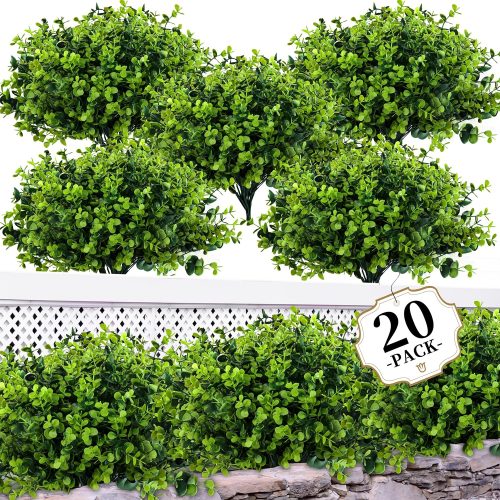 ColoPlay 20 Bundles Artificial Greenery Boxwood Plants, Fake Outdoor Plants | Artificial Plants Outdoor/Indoor, Fake Plant for Ouside Garden Porch, Window Box, Home Wedding, Farmhouse