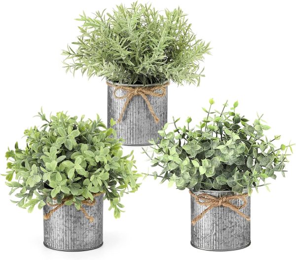 Mkono Small Fake Plants, 3 Pack Faux Plants for Farmhouse Home Decor Indoor | Galvanized Metal Pots, Laundry Room Bathroom Cabin Classroom Office Shelf Table Decoration, Artificial Plants Eucalyptus