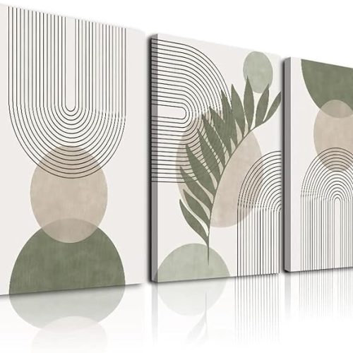 Sage Green Boho Wall Art Set of 3, Minimalist Framed Wall Art Geometric Line Leaf Sun Moon Beige Green Canvas Artwork Paintings, Abstract Botanical Boho Room Decor, Office, 12"x16"