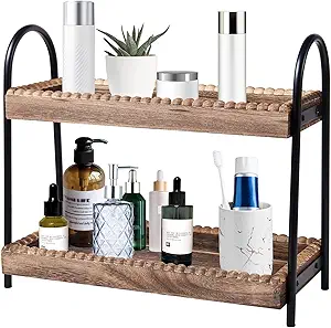 1 Bathroom Countertop Organizer, 2 Tier Vanity Organizer and Storage for Cosmetic Skincare Perfume, Wood Bead Storage Shelf for Bathroom Kitchen Coffee Station