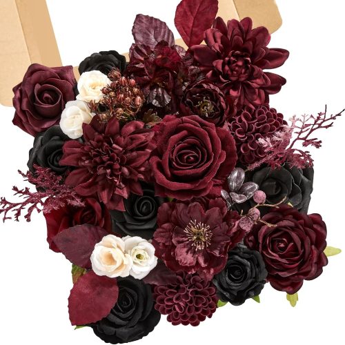 Serwalin Artificial Burgundy Black Flowers Red Rose Silk Flower for Wedding