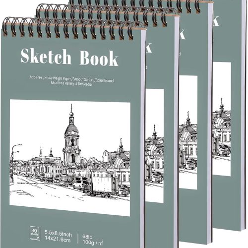 4 Pack Small Sketch Books, 5.5 × 8.5 in, Spiral Bound, 30 Sheets
