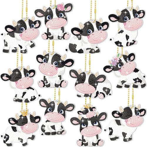 Thinkday 12 Pcs Farm Cow Diamond Painting Keychain Kit DIY Cute Cow Diamond Art Keychains Pendant Hanging Ornaments for for Adults Beginners, Bag Purse, Birthday Craft Home Party Decor & Gift