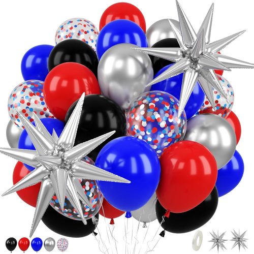 Red Blue Black Balloons, Silver Star Foil Balloons for Spider Party Decor