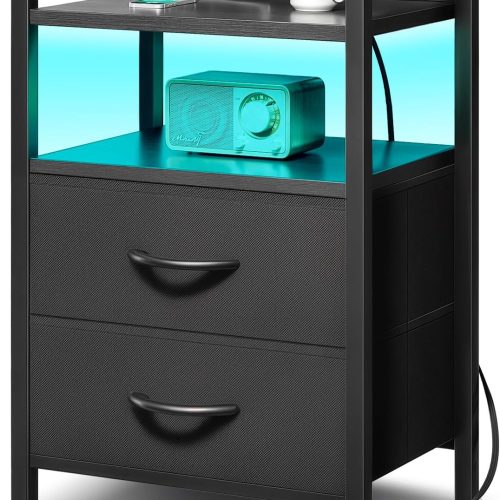 Lazzanto Nightstand with Rear Charging Station, LED Light, 2 Drawers, Black