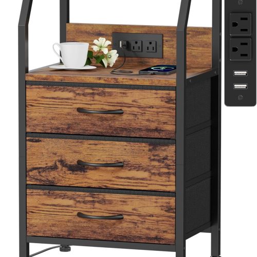 Furnulem Night Stand with Charging Station, 3 Fabric Drawers Bedside Table