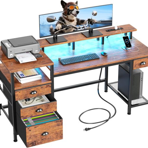 Furologee 60" Computer Desk with 4 Drawers, Power Outlet, LED, Rustic Brown
