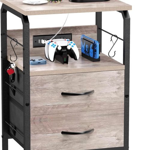 runjuly Small End Table with Charging Station and Hooks, Greige