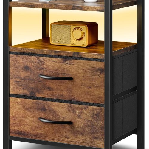 Lazzanto Nightstand with Rear Charging Station, LED Light, 2 Drawers, Brown