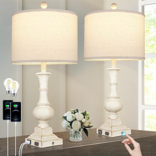 26" Farmhouse Table Lamps Set of 2, Rustic Touch Control Bedside Lamps with 2 USB Ports & AC Outlet, Vintage White Resin 3-Way Dimmable Nightstand Lamp Linen Fabric Shade for Living Room Bedroom Decor