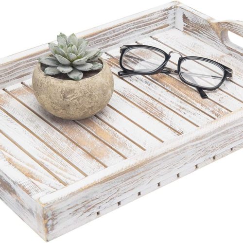 MyGift Shabby Chic Whitewashed Wood Breakfast Serving Tray with Cutout Handles with Slatted Design, Breakfast Ottoman Coffee Table Tray, 16 x 11 Inches