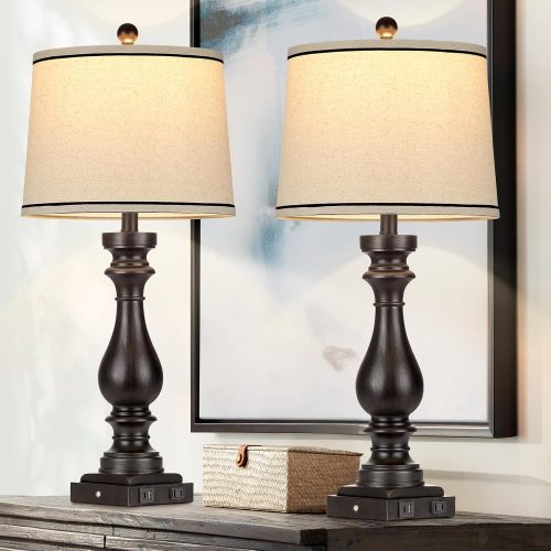 CT0426143JS_1 Cinkeda 29" Tall Table Lamp for Living Room Set of 2,Farmhouse Vintage Bedside Nightstand Lamps with USB C+A Ports & AC Outlet,3-Way Dimmable Touch Control Retro Black Lamp for Bedroom,Color 5