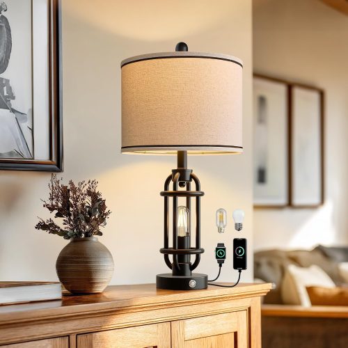 CT0426180JS_1 G-SAFAVA 24'' Table Lamps for Living Room Bedroom Industrial Touch Lamp with USB A+C Ports, Night Light Farmhouse Vintage Nightstand Bedside Lamps for Night Stands Metal Black, Bulbs Included