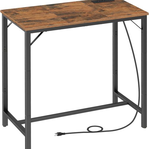 HOOBRO Bar Table with Charging Station, Rectangular Pub Table, High Top Coffee Table, Counter Bar Height Table, Narrow Long Dining Table, 35.4" L x 15.7" W x 35.6" H, Rustic Brown and Black BF90UBT01