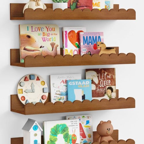 Harwaya Walnut Nursery Book Shelves for Wall, Scalloped Floating Bookshelf
