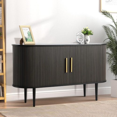 CT0427135JS_1 Grepatio Sideboard Buffet Cabinet with Storage, 55" Tambour Credenza Cabinet with Fluted Slide Door and Adjustable Shelves, Wood Console Cabinets for Bedroom Living Room Hallway Entryway (Black)