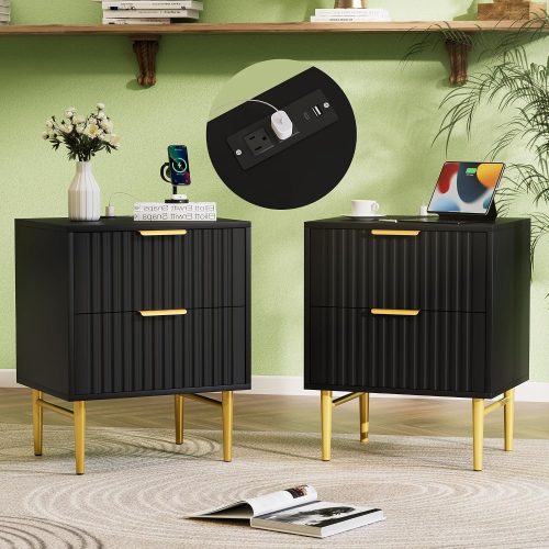 HQZX Black Nightstand Set of 2 with Charging Station
