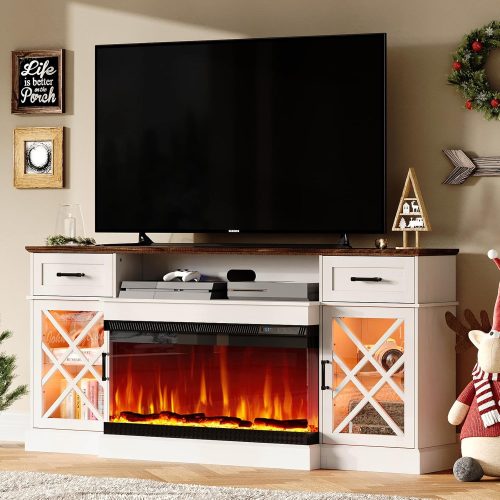 CT0428773JS_1 AMERLIFE 70" Farmhouse Fireplace TV Stand with 3-Sided Glass Fireplace
