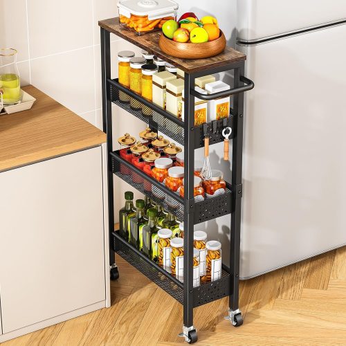 CT0429516JS_1 Vivihomety 4-Tier Slim Utility Rolling Laundry Cart with Wheels, Metal