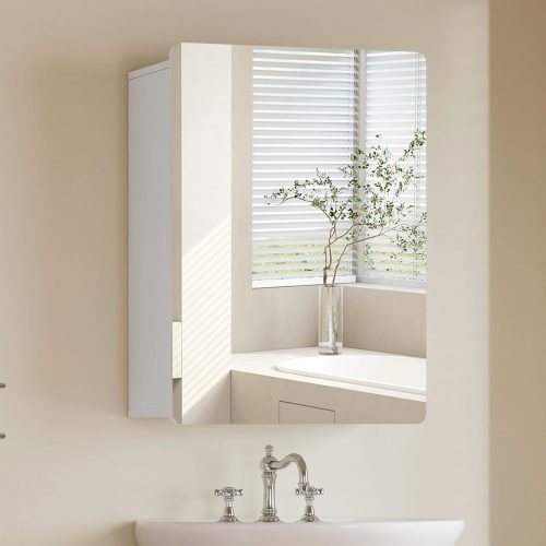 TEENFON Medicine Cabinet Mirror with 2 Adjustable Shelves, Bathroom Mirror with Storage, Recessed or Wall Mount Bathroom Cabinet, Wood Bathroom Wall Cabinet, White, 23.6'' x 17.7''
