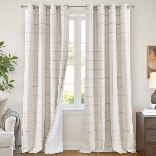 Lajode Plaid Blackout Curtains 96 Inch Long, 2 Panels Each 52 Wide, Natural