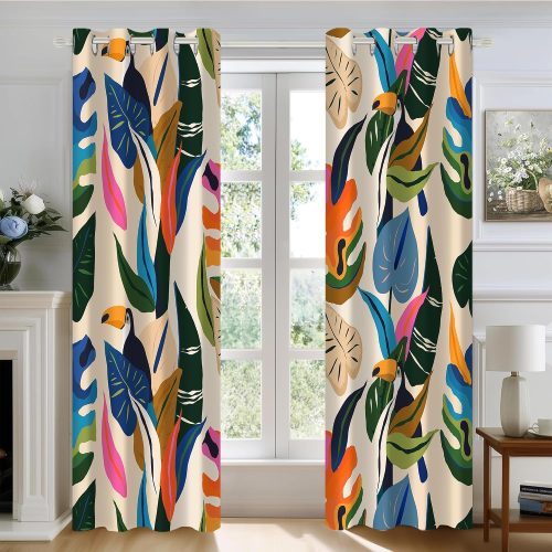 CT0431616JS_1 Colorful Tropical Abstract Blackout Window Curtains, Boho Floral Plant Jungle Palm Leaf Toucan Birds Art Decor for Bedroom, Living Room, Art Gallery Grommet Window Drapes 2 Panel Set, 52"x84"