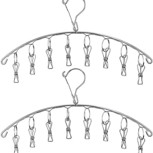 Stainless Steel Laundry Drying Rack Clothes Hanger with Windproof Hook,Underwear Hanger,Clothes Hangers with 8 Clips for Drying Socks,Diapers,Baby Clothes(2 Pack)