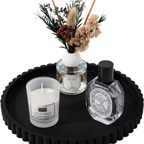 Round Bathroom Tray Perfume Organizer Coffee Table Decor, 9" Black