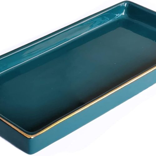 CT0432893JS_1 10 x 5 Ceramic Bathroom Tray for Countertop, Decorative Vanity Tray for Dresser Tops, Small Rectangular Trays for Perfume, Candle, Jewelry, Cosmetics (Green)