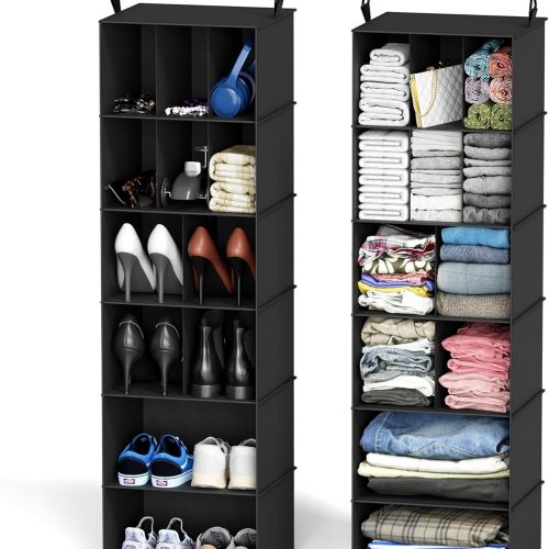 SpaceAid 2 Pack Hanging Closet Organizer and Storage with Dividers, 24 Compartments Hanging Shoe Shelves for Closet, Wardrobe, RV, Garment Rack - Black