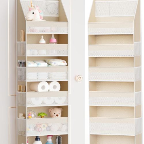 CT0433493JS_1 Criusia Over the Door Organizer, 6-Shelf Closet Hanging Storage with 13 Mesh Pockets, 55lbs Capacity Behind the Door Storage for Baby Nursery, Bathroom, Bedroom, and Dorm, Beige