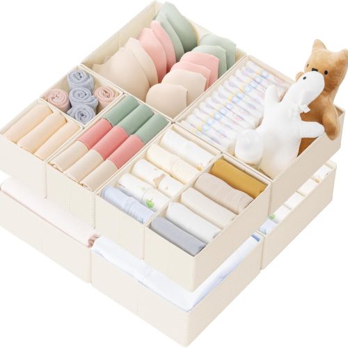 CT0433501JS_1 Criusia Drawer Organizer Clothes, 10 Pack Dresser Organizer for Baby Clothes, Underwear, Sock- Foldable Closet Organization and Storage Dividers Bins for Nursery, Bedroom (Beige)