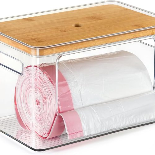 Hudgan Stackable Storage with Bamboo Top for Laundry Room Organization, Extra Large Trash Bag/Garbage Bag Dispenser, Under Sink Organizer, Pantry Organizers