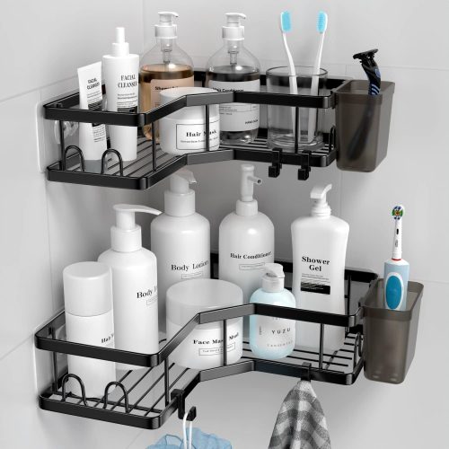 AKTECKE Corner Shower Caddy, 2 Pack Adhesive Shower Corner Organizer Shelves, No Drilling Stainless Steel Shower Storage Rack with Hooks&Toothpaste Holder for Bathroom Kitchen （for 90° Corners Only）