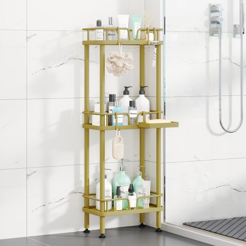 HapiRm Standing Corner Shower Caddy - 3 Tier Corner Shower Organizer with Soap Holder, Rustproof Stainless Steel Bathroom Shelf with 4 Hooks, Gold