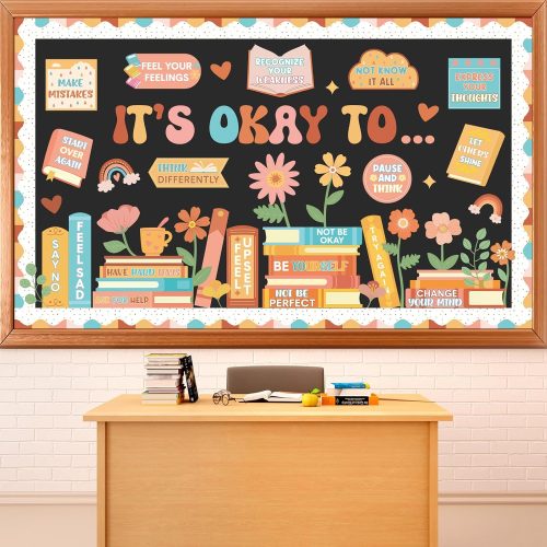 Retro It's Okay to Bulletin Board Set Inspirational Mental Health Classroom Decor Affirmation Station Bulletin Board Back to School Positive Book Cutouts for Office Chalkboard Wall Decor