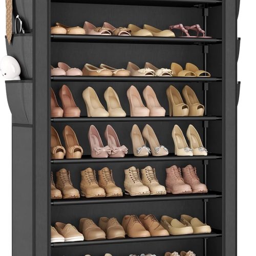 VTRIN Tall Shoe Rack with Cover, 10 Tier Shoe Organizer Storage for 50-55 Pairs Shoes and Boots Large Capacity Shoe Shelf with 8 Pockets Free Standing Shoe Rack for Closet, Entryway, Garage