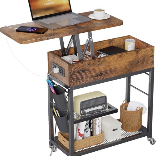 Colima Lift Top End Table with Charging Station and Wheels (Rustic Wood)