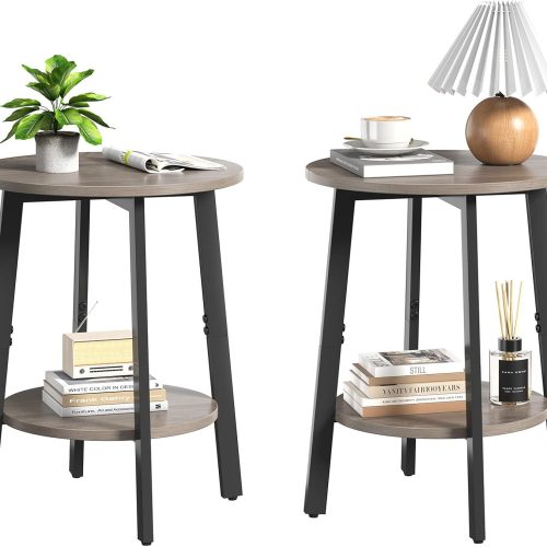 CT0438460JS_1 sthmec Side Table Set of 2, Small Round End Table with Storage Shelf for Small Space, 2-Tier Bedside Table Sofa Couch Table, Nighstands Set of 2 Accent Table for Living Room, Bedroom, Grey