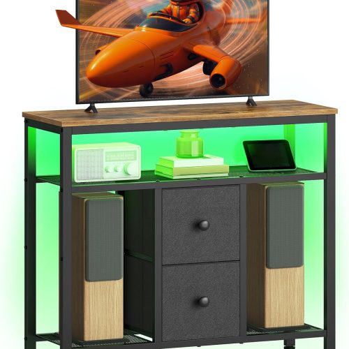 CT0438624JS_1 YATINEY TV Stand with LED Lights, Dresser TV Stand, Tall Entertainment Center with 2 Fabric Drawers, TV Media Console Table, for Living Room, Bedroom, Black and Rustic Brown DS10DBR